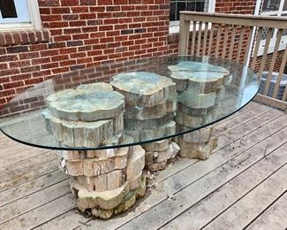 Custom glass-top table with cedar pieces $175