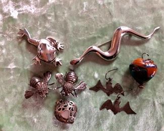 Pins, bat earrings and pendants  Frog pin sold,bees sold