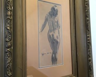Charcoal Sketch Nude Woman in the manner Degas signed