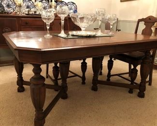 Renaissance walnut antique table with 6 chairs, matching china cabinet, buffet and sideboard