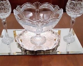 beautiful cut glass punch bowl and stemmed candle holders.