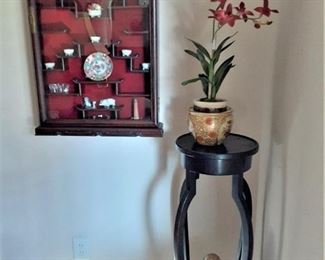 victorian plant stand and oriental cabinet