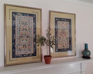 pair of silk framed oriental wall hangings