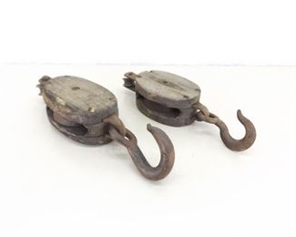 2 Medium Antique Wood and Iron Barn Pulleys