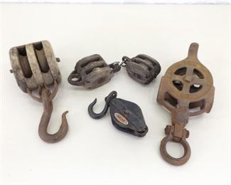 5 Medium to Small Antique Wood and Iron Barn Pulleys