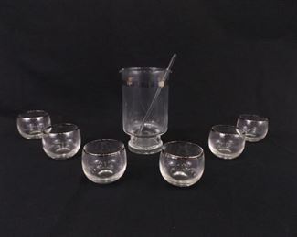 Mid Century 6 Serving 8 Piece Silver Rimmed Cocktail Set