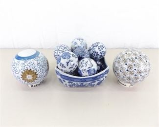 Lot of Asian Themed Porcelain Balls in a Bowl