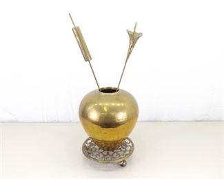 Large SOLID Brass Cattail and Lilly in Brass Urn and Brass Rolling Cart