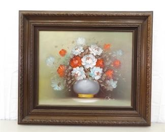 Carved Wood Framed Oil on Canvas Painting of Potted Flowers