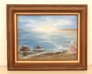 Wood Framed Oil on Canvas Painting of a Lady By the Seaside