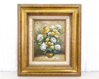 Wood Framed Oil on Board Painting of Potted Flowers