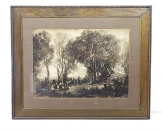 Antique Hand Carved Wood Framed Print Dancing Nymphs by Jean Baptiste Camille Corot