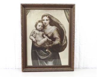 Antique Hand Carved Wood Framed Print of Mary and Jesus Madonna