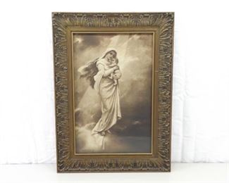 Antique Wood Framed Chromolithograph of Mary and Jesus Madonna