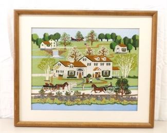VERY Well Done Wood Framed Embroidered Needlepoint Amish Village Scene