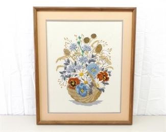 VERY Well Done Wood Framed Embroidered Needle Work Flower Basket