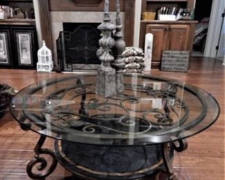 Wrought iron, glass-topped coffee table