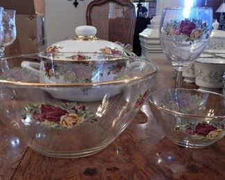 Royal Albert 'Old Country Roses' serving bowls, wine glass, and metal enamel covered stock pot in back