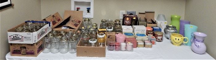 Canning jars, candles, and vases