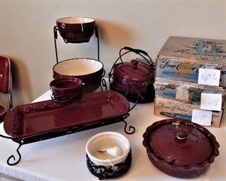 Celebrating Home stoneware serving and baking dishes, and vintage snack sets in original boxes.