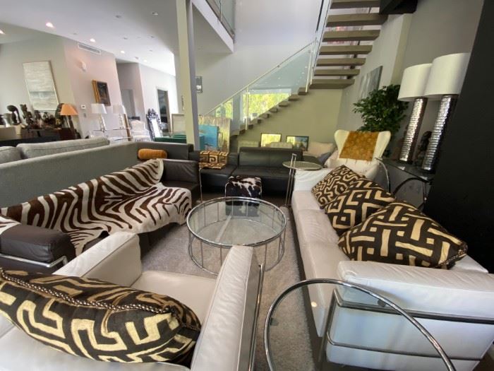 Modani Sectionals & Sofas, Eileen Gray inspired Side Tables, Pillows, Tapestries, Cowhide, Rug