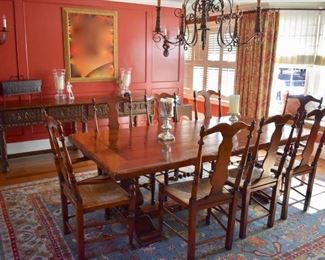 Trestle style dining  table with 8 chairs