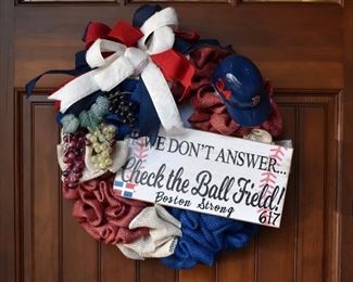 Baseball -themed Boston Strong wreath with #34 (David Ortiz) mini helmet