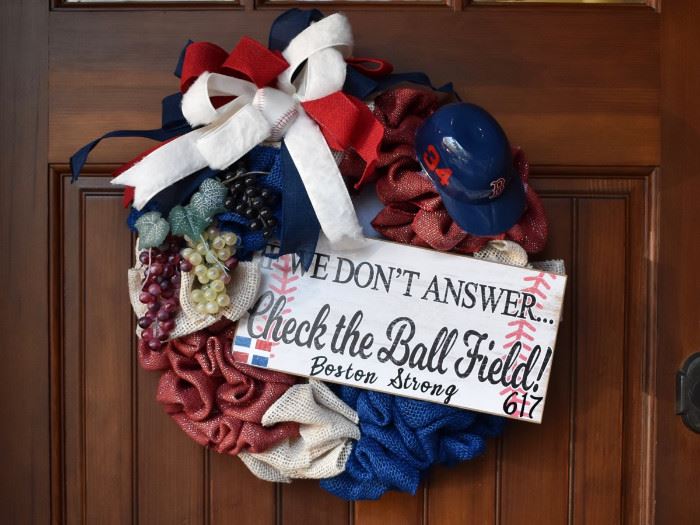 Baseball -themed Boston Strong wreath with #34 (David Ortiz) mini helmet