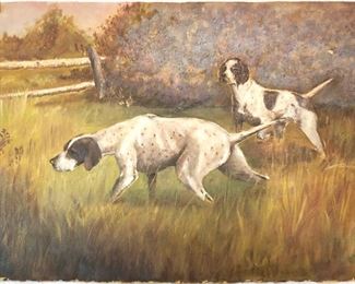 ANTIQUE OIL PAINTING HUNTING DOGS