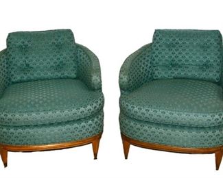 DREXEL UPHOLSTERED CARVED BARREL CHAIRS