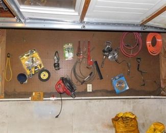 Hoses, pipe wrenches; circular saw, air hoses, power drill