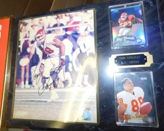 Signed Tony Gonzalez plaque with football cards