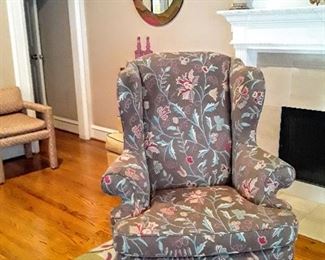 Frontal view of lovely floral upholstered Wing Chair