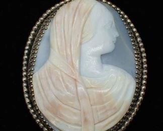 Sterling Silver Carved Brooch Pin W/ Woman