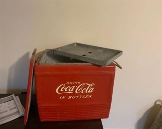 #16 antique cocola cooler w metal tray 18x13x17  $ 150.00