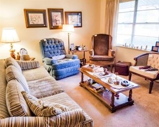 Vintage Sofa, Recliner, Wingback Chair, Cane Chair, Coffee Table
