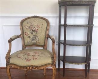 Victorian style chair and stone topped 4 tier display table https://ctbids.com/#!/description/share/340877