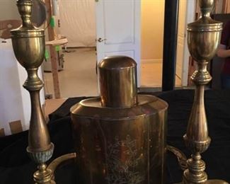 Fireplace Bronze Colored Andirons and Urn https://ctbids.com/#!/description/share/340915