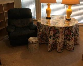 Round Table with Glass top, Reclining Chair, 2 Yellow Lamps, and Unique Porcelain Stool with Lid https://ctbids.com/#!/description/share/340965