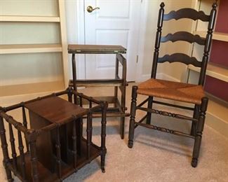 Thomasville Magazine Rack on Wheels, Wooden Step Stool and Ladder Back Chair https://ctbids.com/#!/description/share/340968
