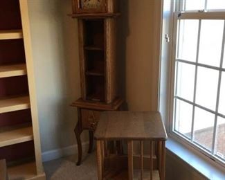 Small Grandfather Clock with Shelving and Drawer, CD/VHS Holder on Lazy Susan for Turning             https://ctbids.com/#!/description/share/340969
