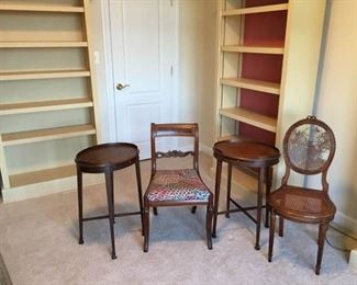 Two Small Side Tables with Pull Out Trays, One Chair with an Upholstered Seat and a Second Chair  https://ctbids.com/#!/description/share/340970