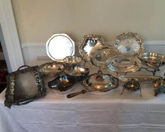 Silver Plate Serving Platters, Plates, Bowls and Chafing Dish https://ctbids.com/#!/description/share/340973