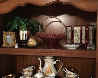 Gold leaf accent Turkish tea set, Fenton Basket, and other home accents 