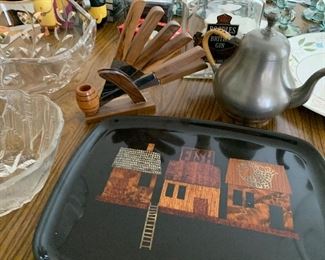 Couroc Serving Tray, Vintage Knife Set, Pewter Teapot