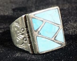 Sterling Silver Ring, Size 9-1/2, Marked "Sterling Mexico", With Turquoise Setting, 11.3 Gram Weight