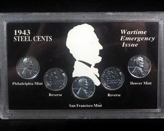 1943 Steel Pennies In Case Including, 2 Philadelphia, 2 San Francisco And 1 Denver Mint Coins