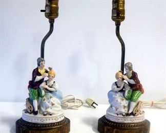 Matching Pair Of Hand Painted Porcelain And Brass Lamps With Colonial Figures, 16" Tall, Both Power On
