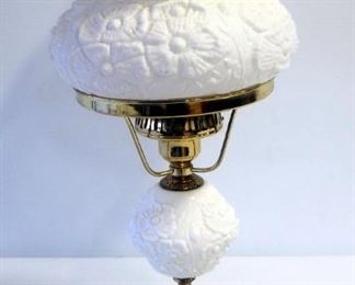 19" Milk Glass Lamp With Floral Design And Marble Base, Powers On