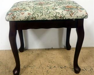 Two Nightstand Tables, 1 With Single Door And Other With Lower Shelf, And Fabric Topped Footstool